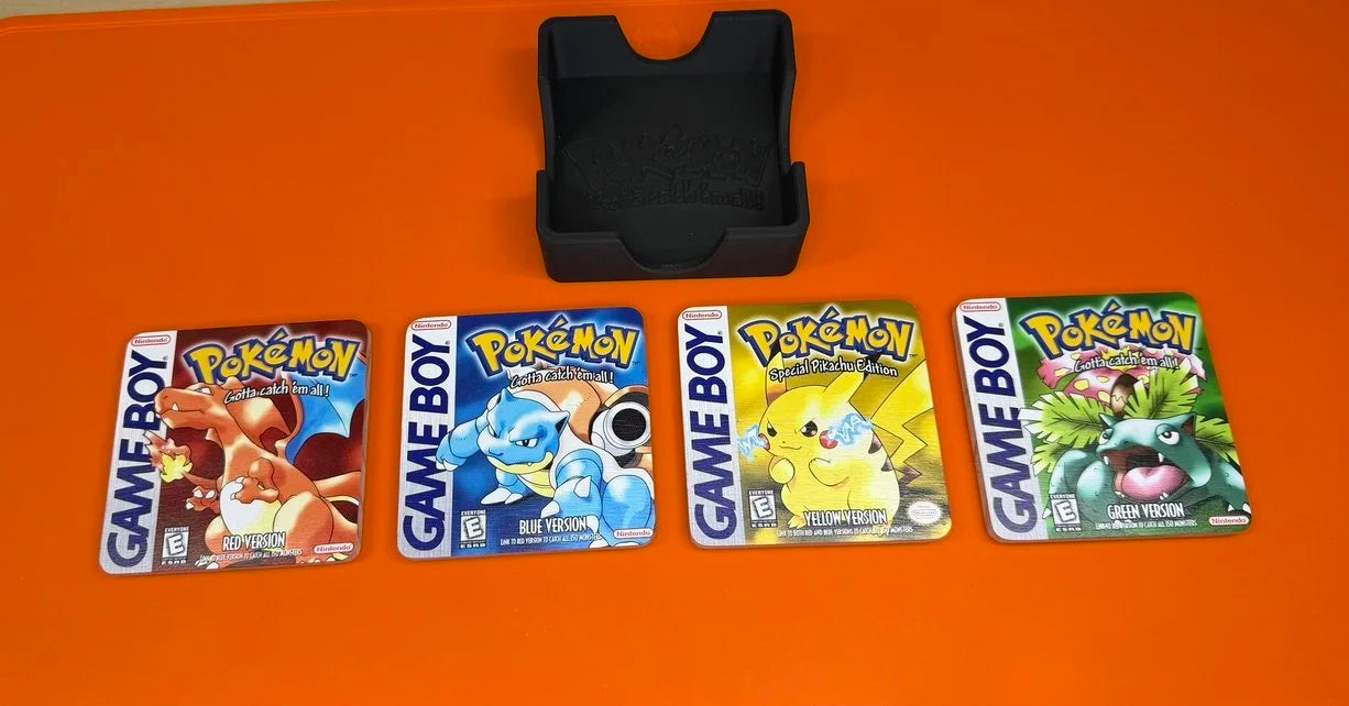Pokémon Retro Game Boy Coaster Set with 3D Printed Holder - Red, Blue, Green & Yellow Versions | Wooden Gaming Coasters