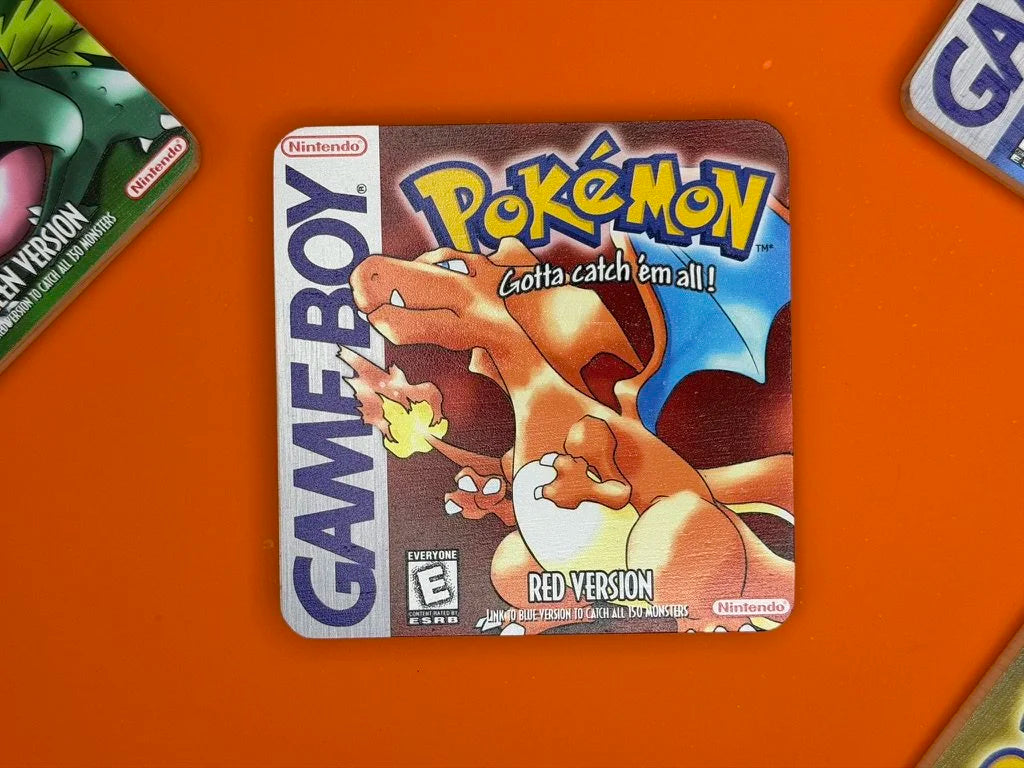 Pokémon Retro Game Boy Coaster Set with 3D Printed Holder - Red, Blue, Green & Yellow Versions | Wooden Gaming Coasters