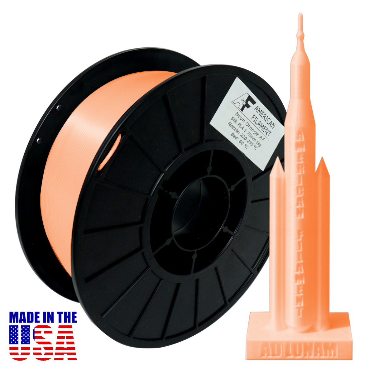Neon Orange AF Silk PLA 3D Printer Filament, 1.75 mm Diameter, Made in the USA!
